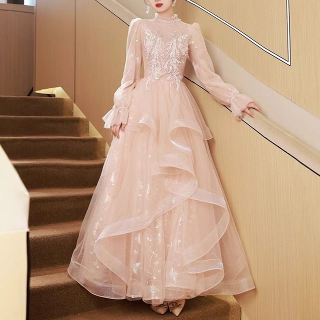 Long Sleeve Stand Collar Applique Beaded Ruffle Mesh A-Line Evening Dress