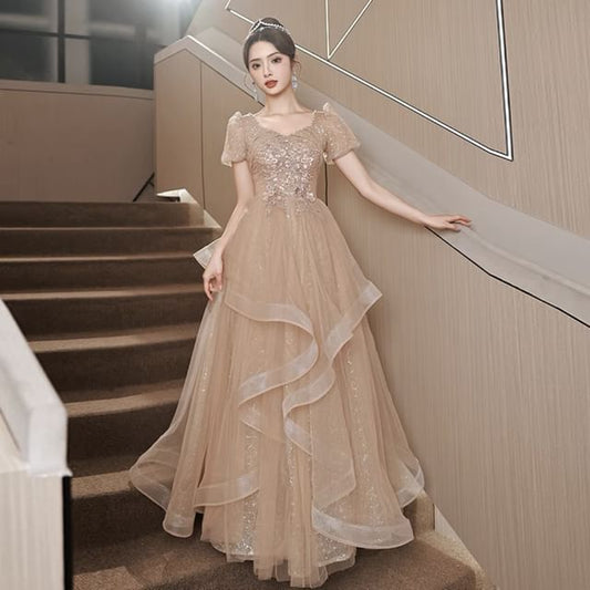 Puff-Sleeve Sequin Flower Embroidered Ruffle A-Line Evening Gown