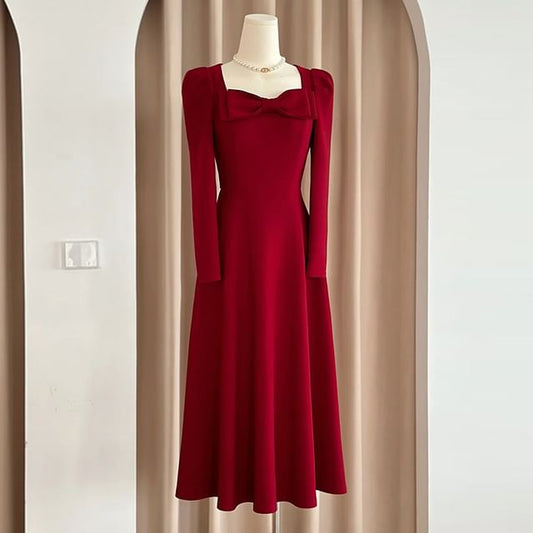 Long-Sleeve Square-Neck Plain Bow A-Line Evening Gown