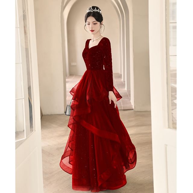Long-Sleeve  Sweetheart Neck Plain Glitter A-Line Evening Gown