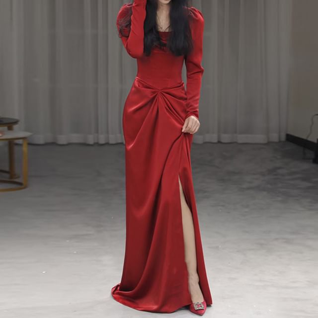 Long-Sleeve Square Neck Plain Ruched Slit Mermaid Evening Gown