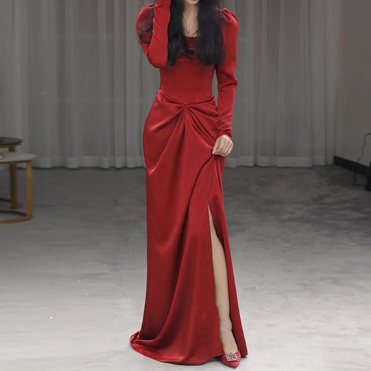 Long-Sleeve Square Neck Plain Ruched Slit Mermaid Evening Gown