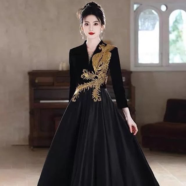 Long-Sleeve V-Neck Phoenix Embroidered Sequin A-Line Evening Gown