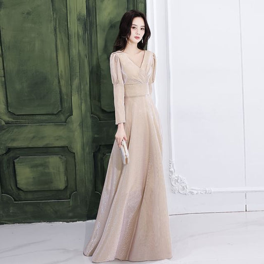 V-Neck Long Sleeve Wrap A-Line Evening Gown (Various Designs)