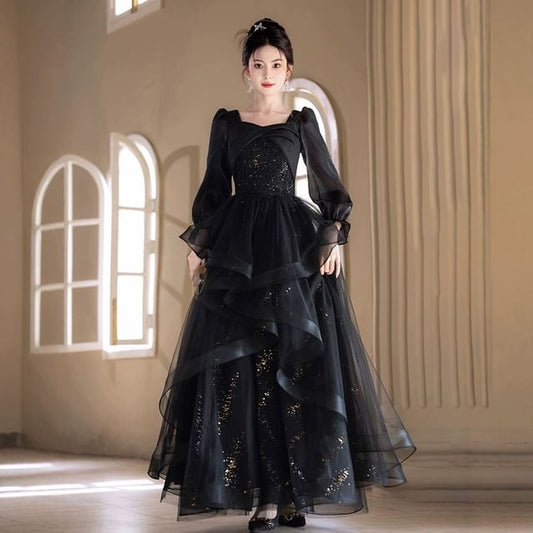 Long Sleeve Square Neck Starry A-Line Evening Gown