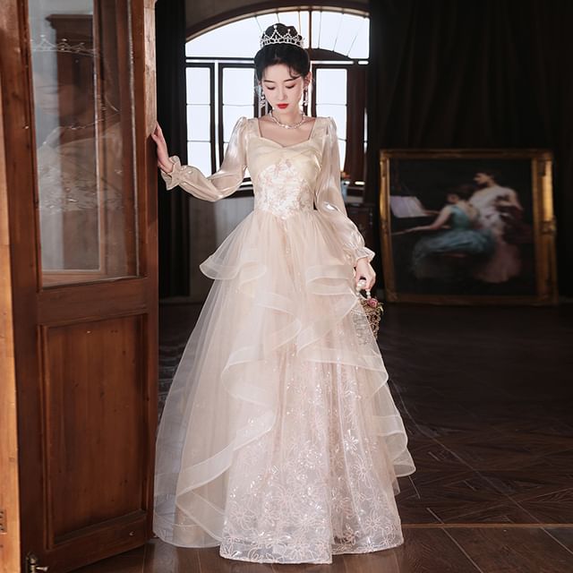 Long Sleeve Square Neck Starry A-Line Evening Gown