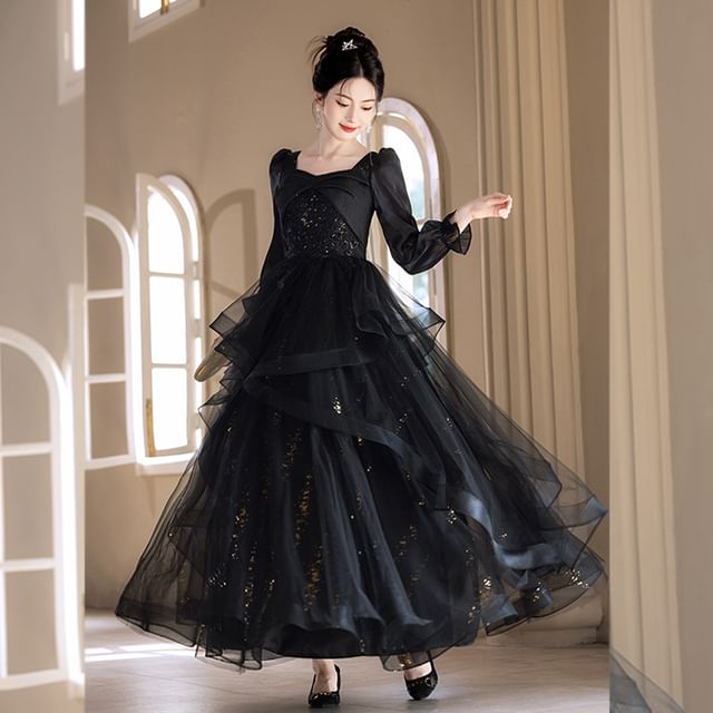 Long Sleeve Square Neck Starry A-Line Evening Gown