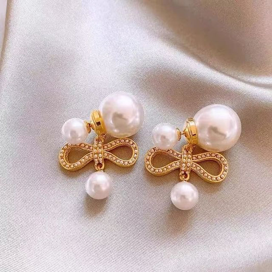 Drop Earring Pearl Bow Alloy Faux