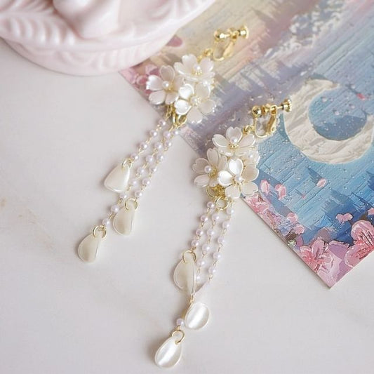 / Flower Silver Pearl Drop Faux Sterling Earring 925 Clip-On