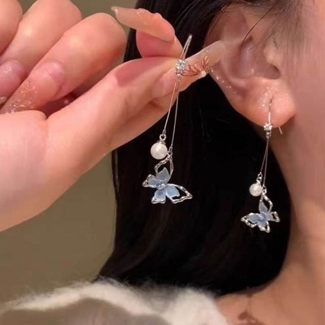 Pearl Alloy Butterfly Earring Faux Dangle