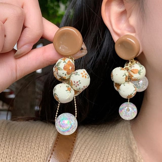 Beaded Fabric Print Earring Drop Floral