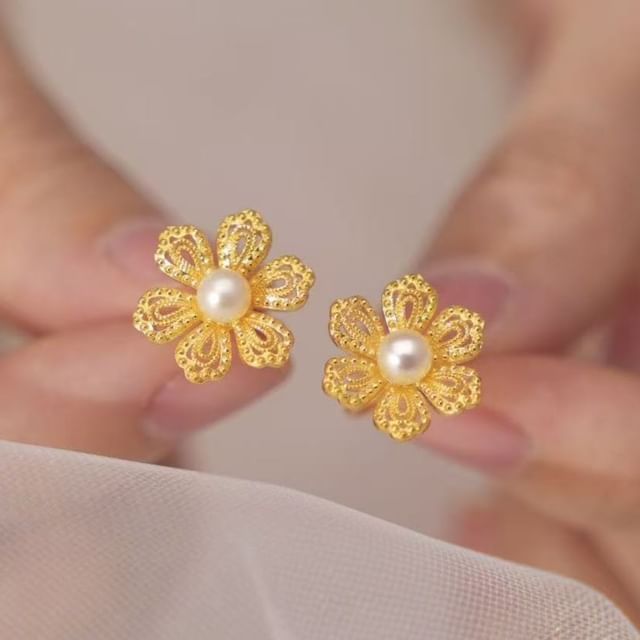 Earring Pearl Alloy Faux Stud Floral