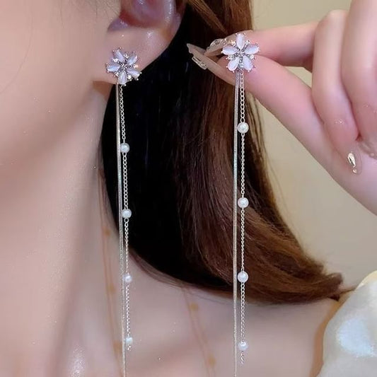 Pearl Alloy Floral Earring Threader Faux Gemstone