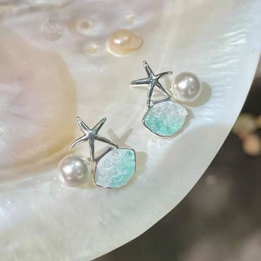 Stud Rhinestone Earring Faux Starfish Alloy Pearl