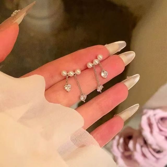 Faux Pearl Earring Rhinestone Dangle Heart Alloy