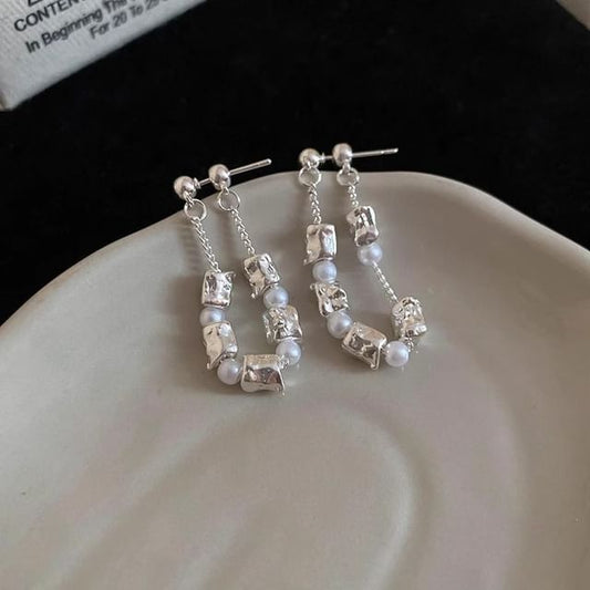 Hoop Dangle Earring Pearl Chain Faux Alloy