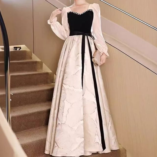 Long-Sleeve Square Neck Two Tone  Evening Gown
