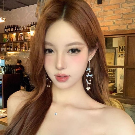 Faux Pearl Earring Fringed Bow Drop