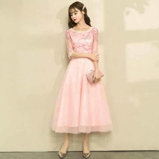 Long-Sleeve Round Neck Lace Panel Evening Gown