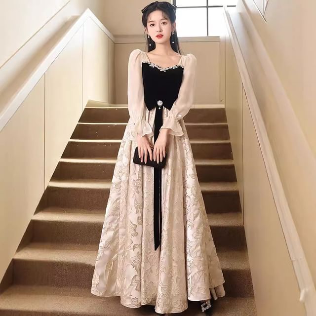 Long-Sleeve Two Tone A-Line Evening Gown