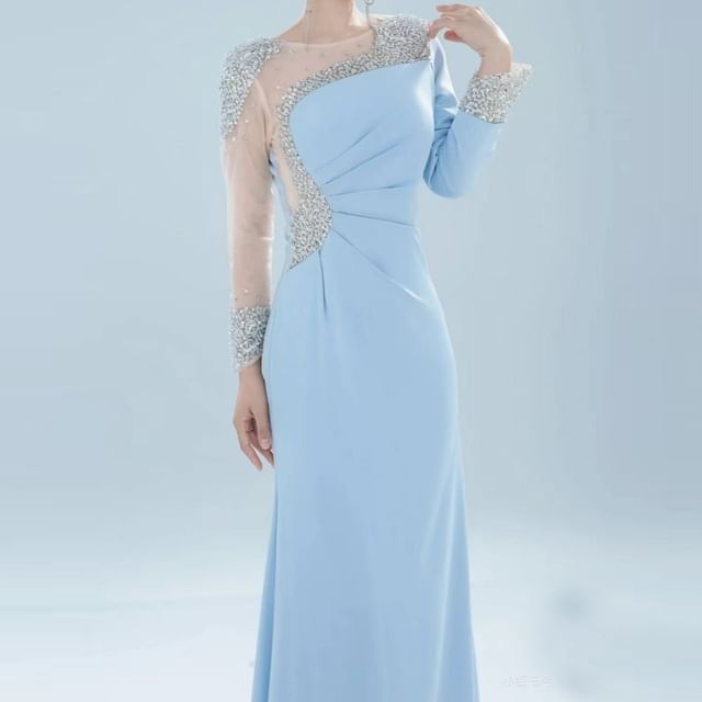 Long-Sleeve Rhinestone Sheer Panel A-Line Evening Gown
