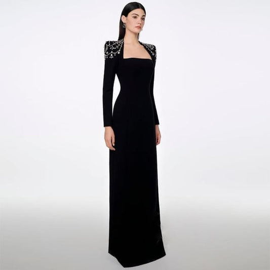 Long-Sleeve Queen Anne Neckline Glitter A-Line Evening Gown