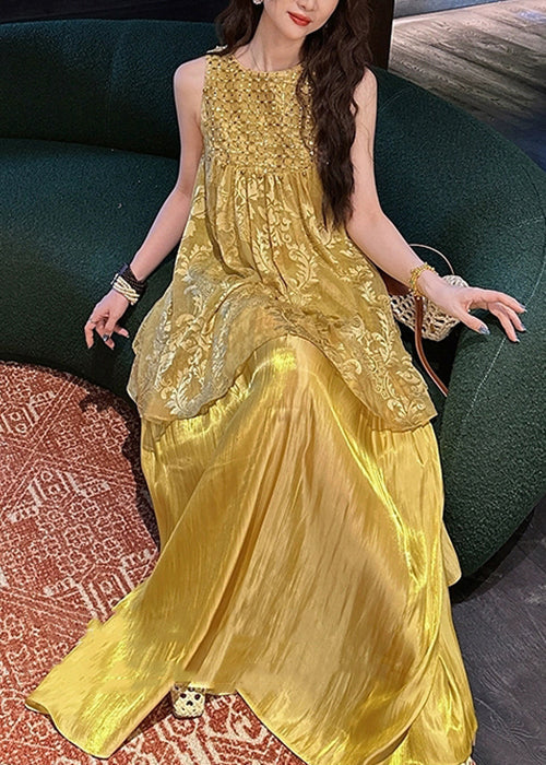 Two Neck Yellow Patchwork Summer Pieces O False Silk Dress