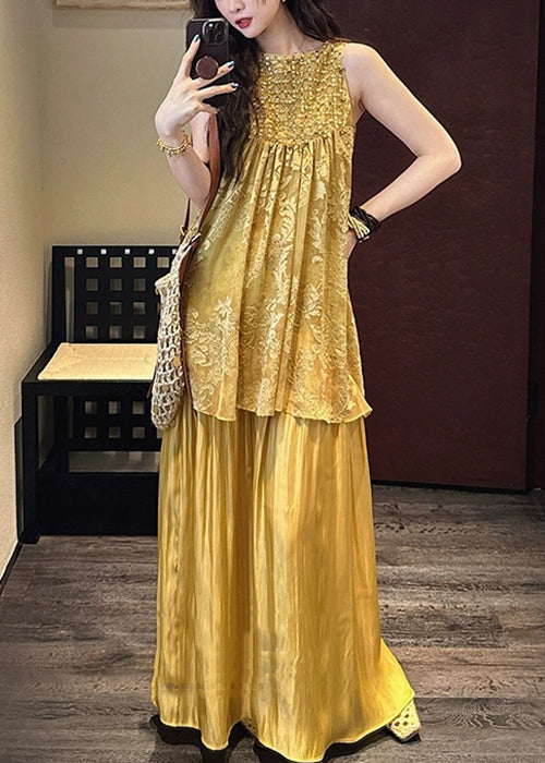 Two Neck Yellow Patchwork Summer Pieces O False Silk Dress