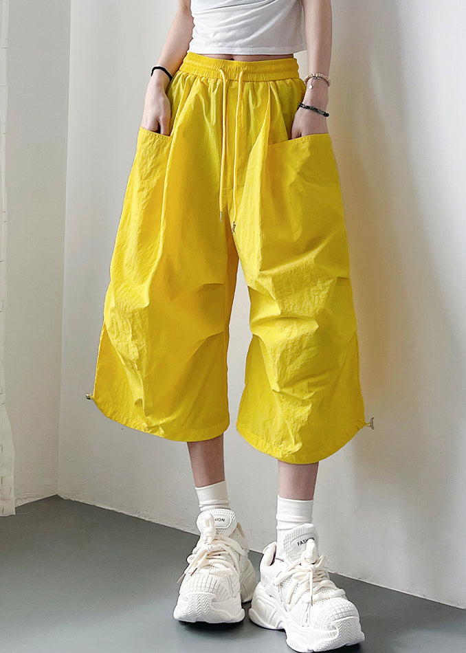 Yellow Cotton Oversized Elastic Summer Crop Pants Lace Up Waist