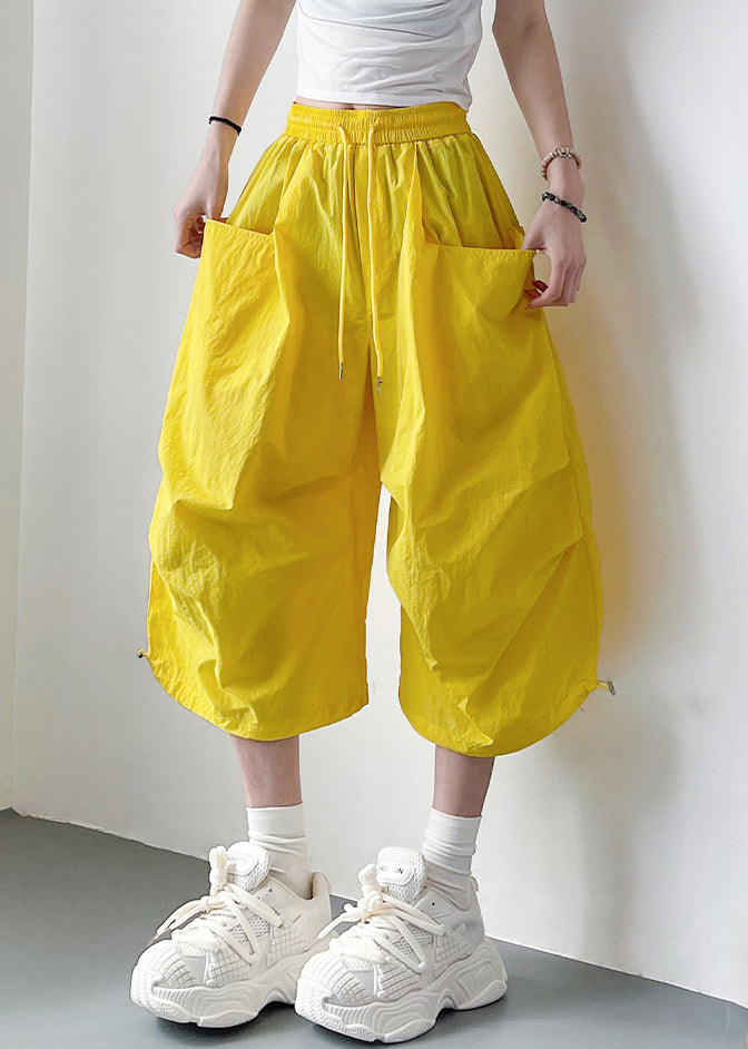 Yellow Cotton Oversized Elastic Summer Crop Pants Lace Up Waist