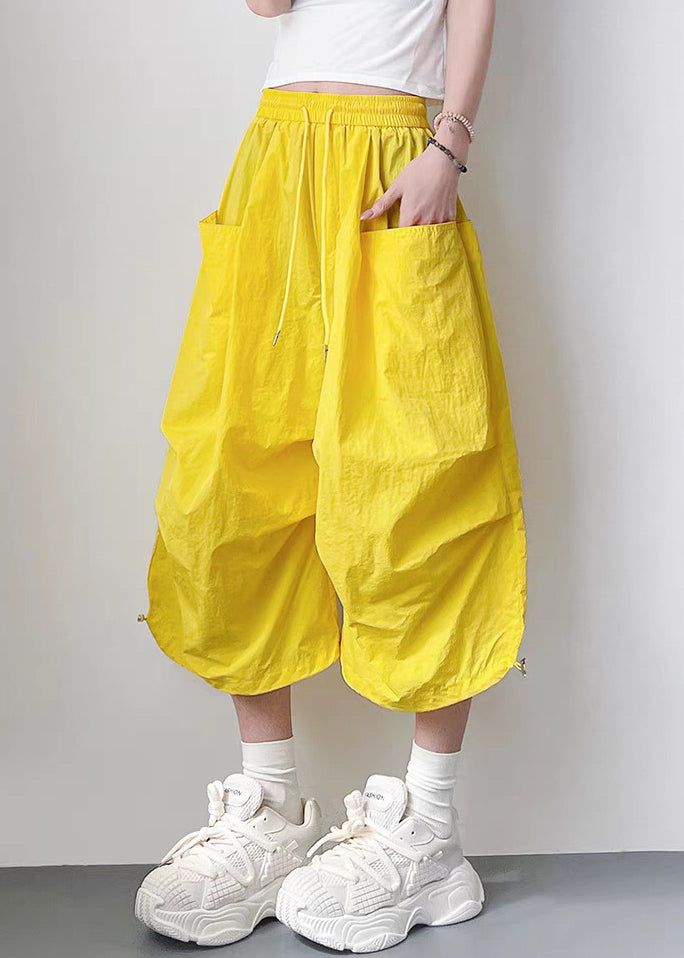Yellow Cotton Oversized Elastic Summer Crop Pants Lace Up Waist