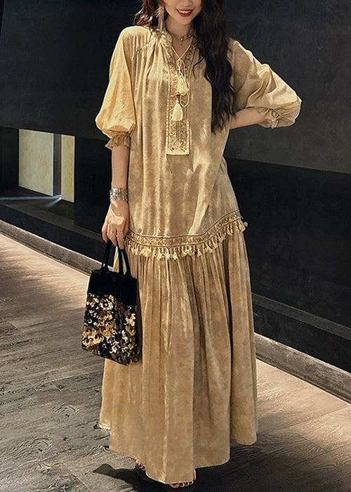 Dress Sleeve Long Yellow Silk V Tasseled Neck Half Print