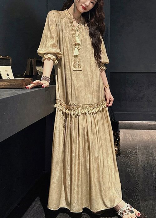 Dress Sleeve Long Yellow Silk V Tasseled Neck Half Print