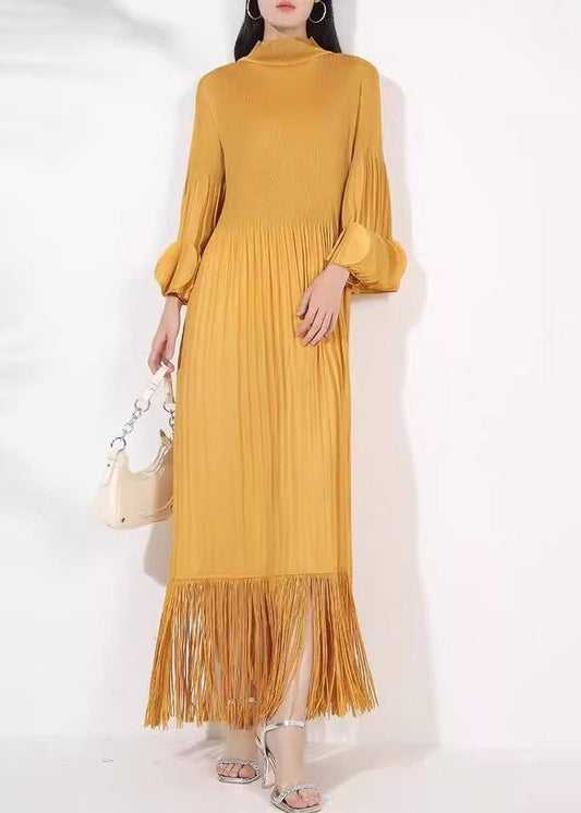 Turtleneck Long Petal Cotton Sleeve Dress Tasseled Yellow