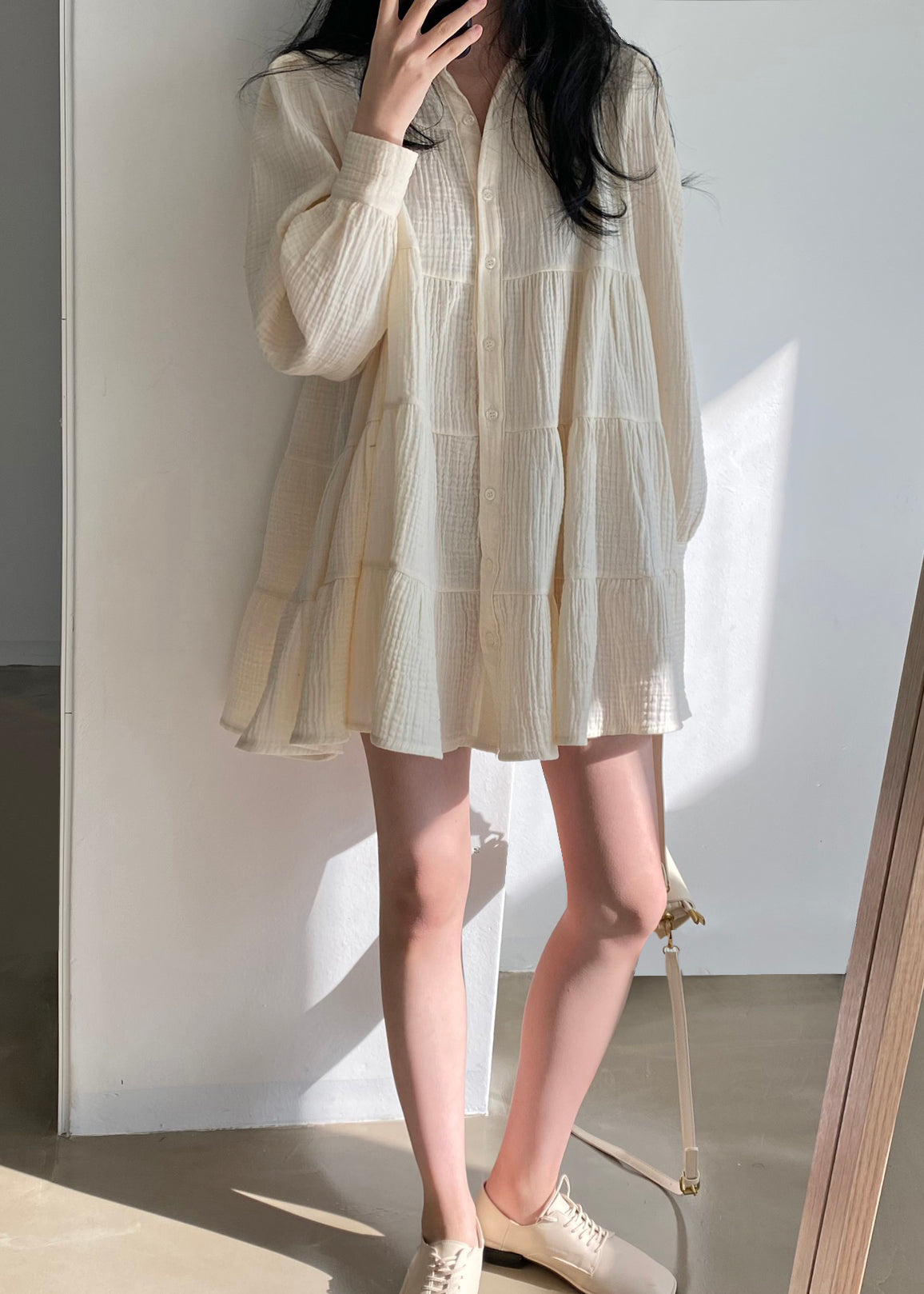 Wrinkled Dresses Beige Spring Shirt Modern Oversized Cotton