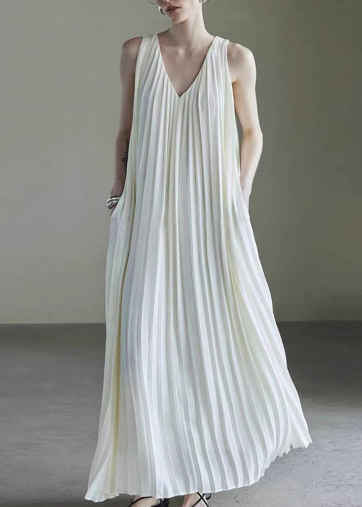 Wrinkled Long Dress Simple Neck V White Sleeveless Chiffon