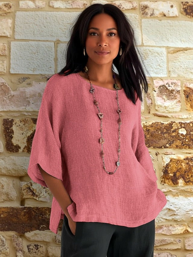 Women's Blouse Cotton Shirt Plain Vintage Stylish 3/4