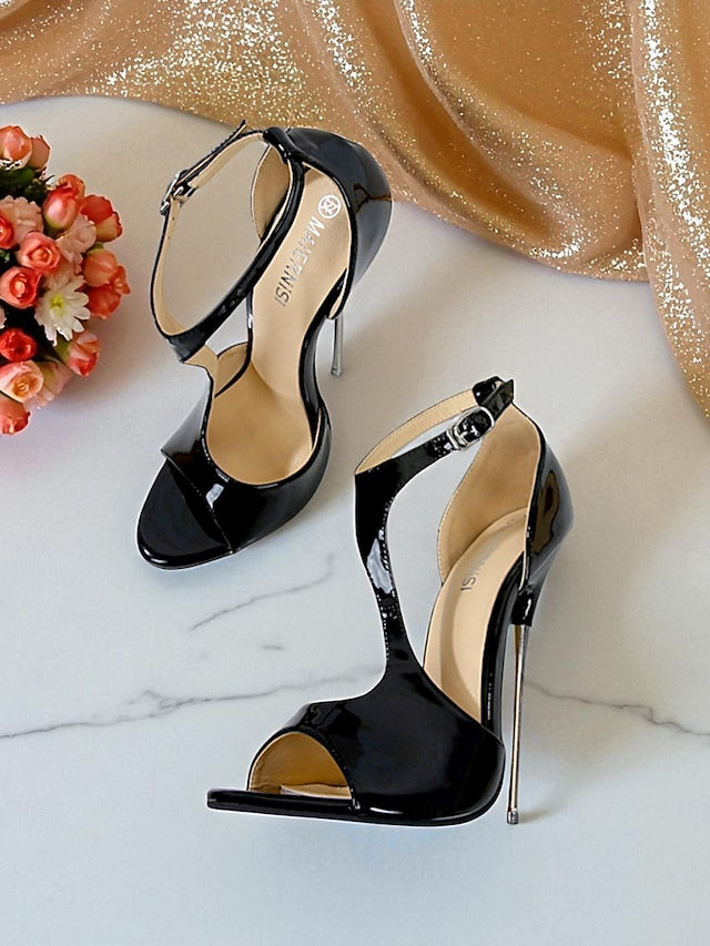 Women's Stiletto Open Heels Strappy Leather Red - Patent