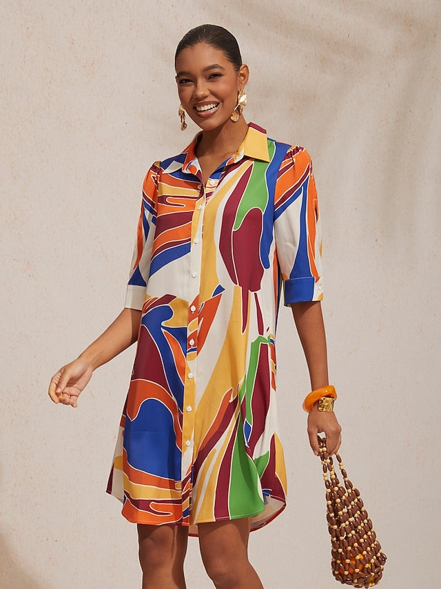 Vacation Geometric Color Block Pattern Straight Satin Shirt