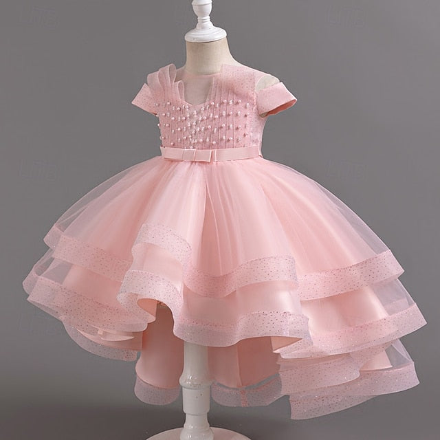 Color Sleeve Wedding Dress Kids Girls' Party Short Solid