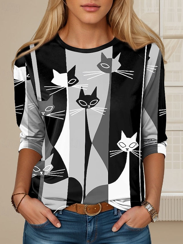 Women's T Shirt Casual Color Block Cat Print Short Sleeve
