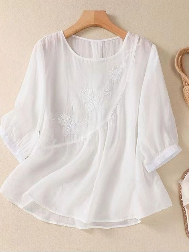 Women's Shirt Cotton Linen Shirts Blouse Solid Color Basic