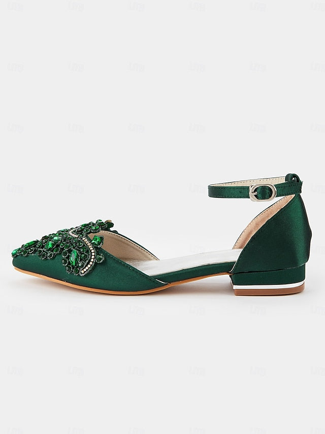 Pointed-Toe – Embellished Vintage Green Flats Style Gemstone