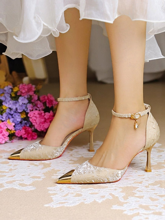 Gold Women's with and Pointed Heels Satin Accents Toe Beige
