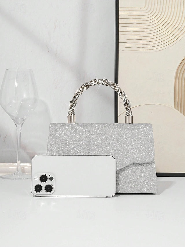 Silver Handbag Glitter Women's – Rhinestone Handle with