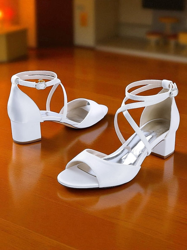 - Elegant Women's Satin Sandals Ankle Strap Heel Block with