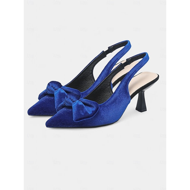 Toe with Pointed Velvet Slingback Heels Blue Women's Bow
