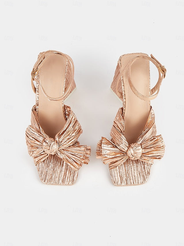 Knot Textured Detail Rose Sandals Block with and Gold Heel
