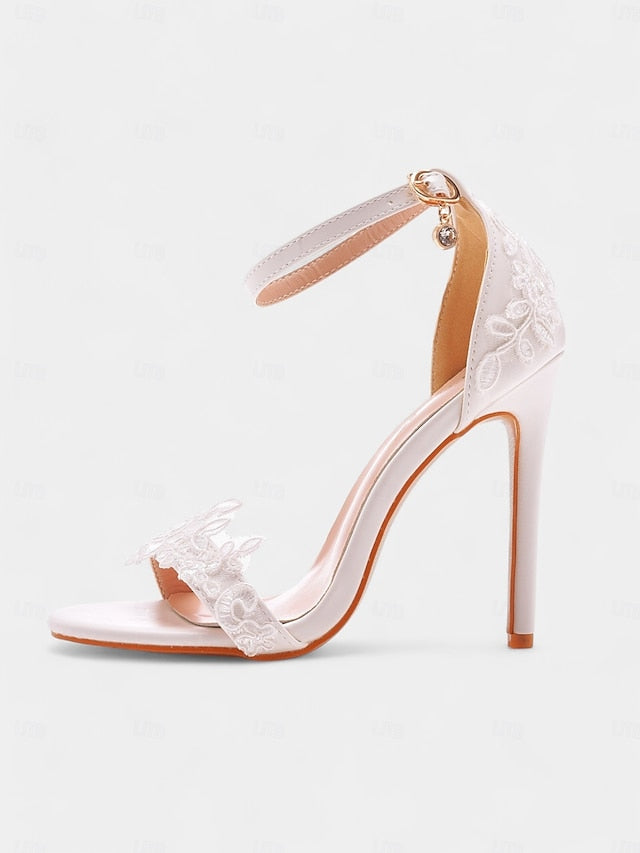 Women's White Wedding with Lace Ankle Heels Stiletto Strap