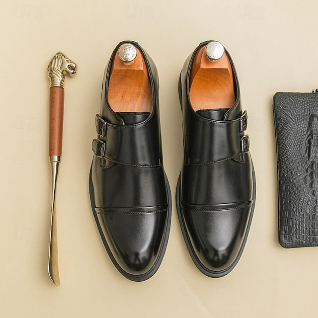 Shoes Strap Faux Men's –  Leather Double Monk Brown